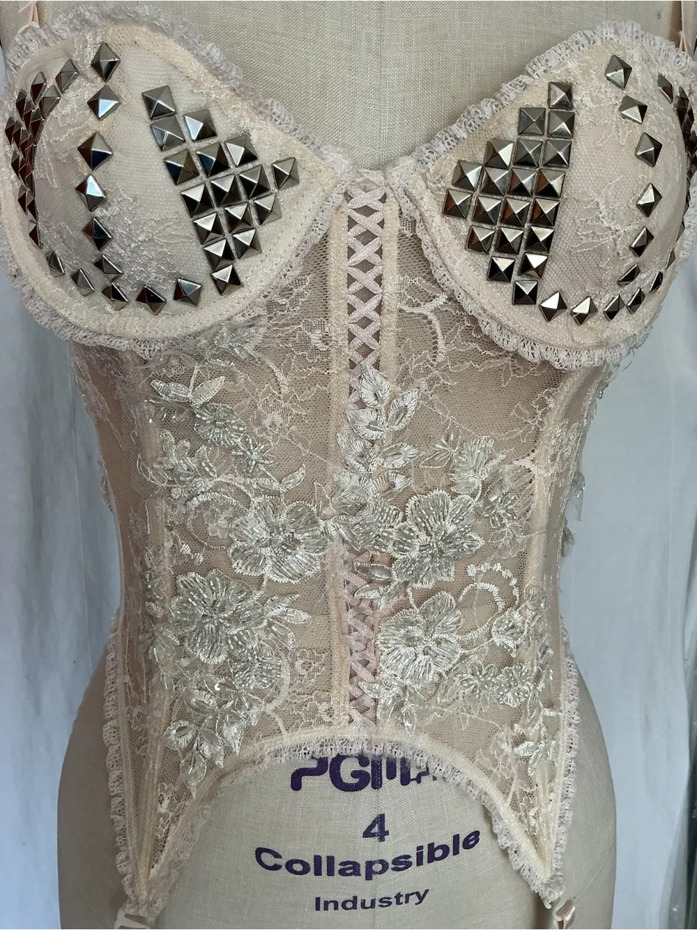 Customized Vintage Studded Lace Bustier Corset in Cream Color